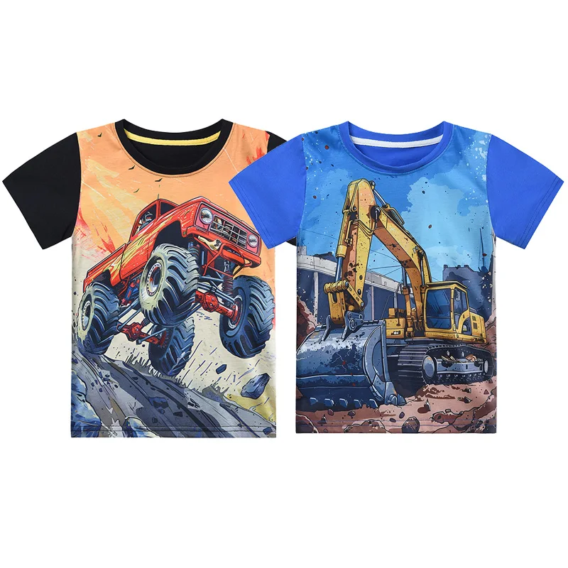 Little Hand Toddler T-Shirt Short Sleeve Boys 3D Graphic Monster Truck Summer Tops Tees Shirt Excavator Casual Top for 4-10Years