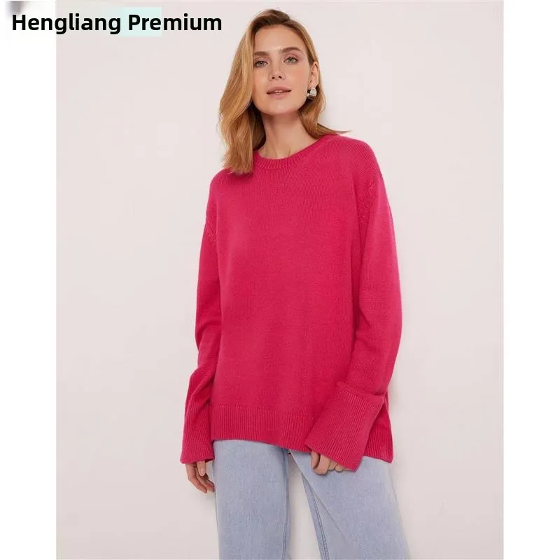 ゆったりとしたカジュアルなニットセーター、長袖、ラウンドネック、無地、秋冬新作、多用途で快適なニットウェア