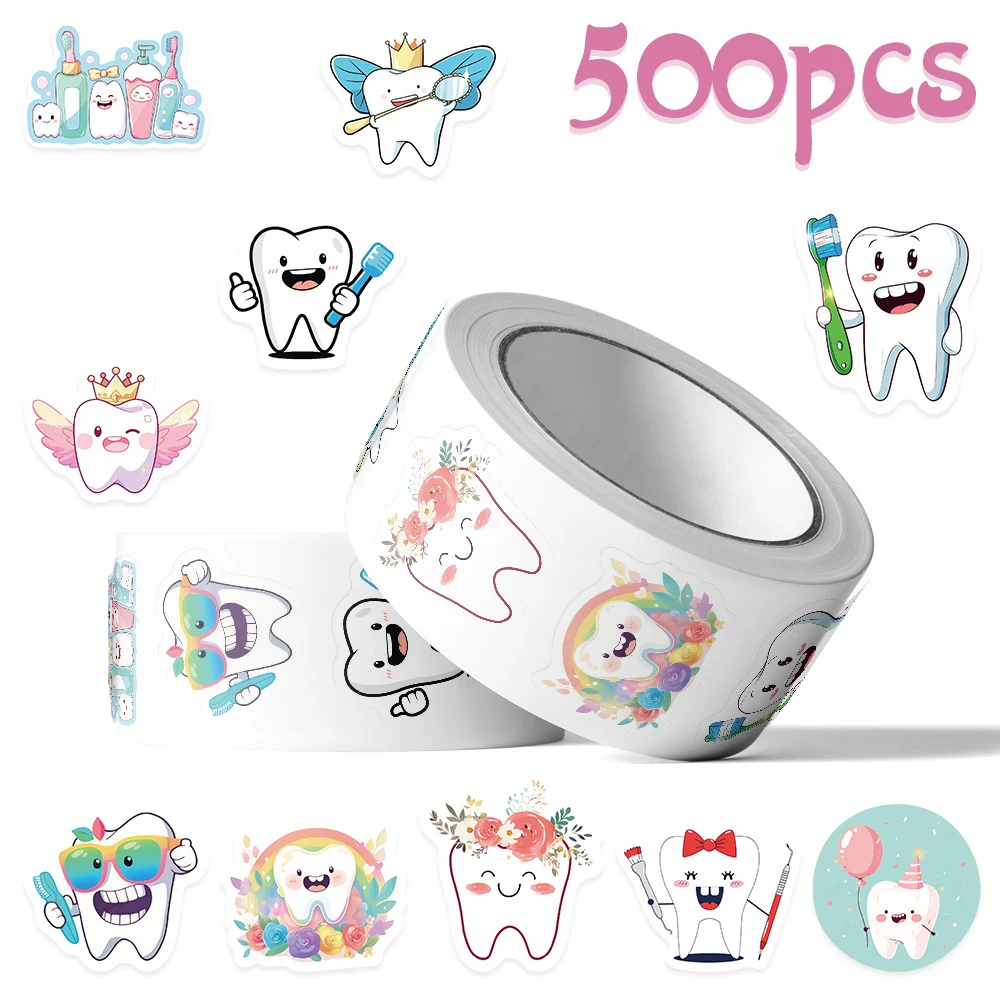 

500pcs Cute Cartoon Tooth Stickers Roll Aesthetic Sealing Decals DIY Luggage Suitcase Funny Decoration Sticker Reward Gift Toy