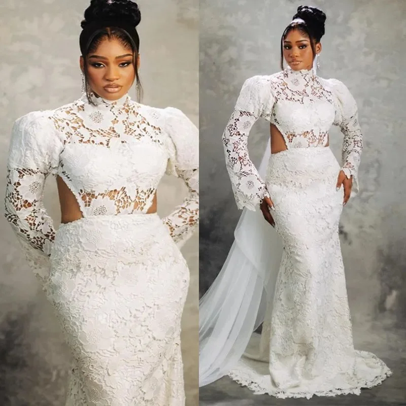 Robe de mariée Aso Ebi personnalisée, grande taille, col haut, manches longues, dentelle perlée, magnifique robe de mariée