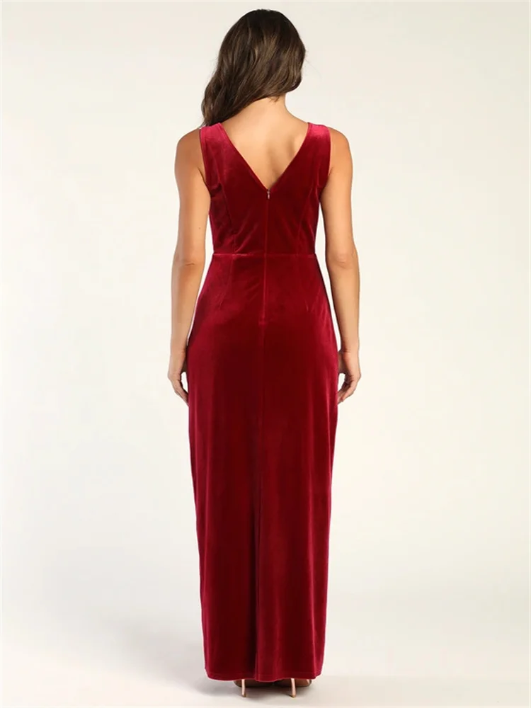 Customized Red Velvet Twist-front Maxi Dress Sleeveless Deep V Pleated Neckline And Cross-twist Waist Center Slit Evening Gown