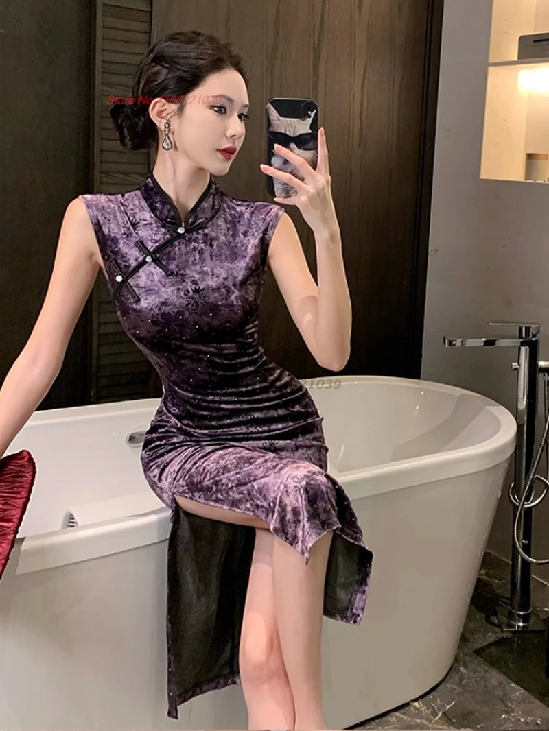 فستان سهرة صيني مثير من تشيباو مخملي بدون أكمام شيونغسام بتصميم عتيق مطبوع عليه زهور فستان ملهى ليلي تقليدي للولائم تشيباو #3