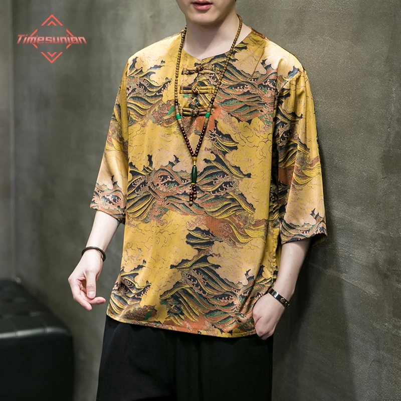 

2025 Summer Cool Ice Silk T Shirt Man Digital Print Chinese Hanfu Short Sleeve Shirt Flower Man