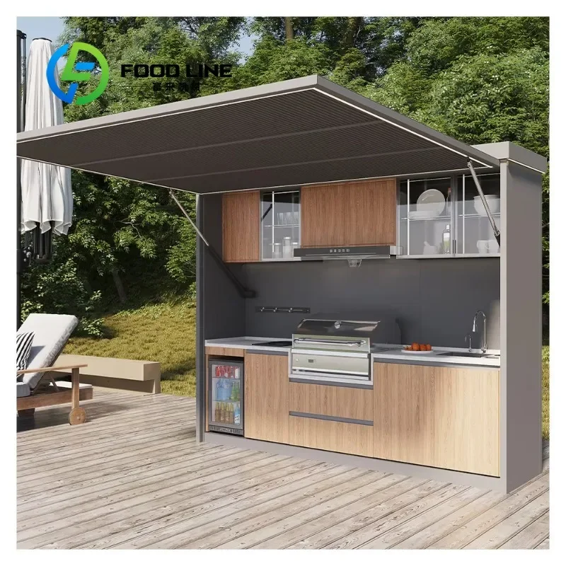 Custom Stainless Steel Frame Outdoor Kitchen Bar Set Modular Mobile Party Set with Cooker Fridge Custom Color for Garden Patio