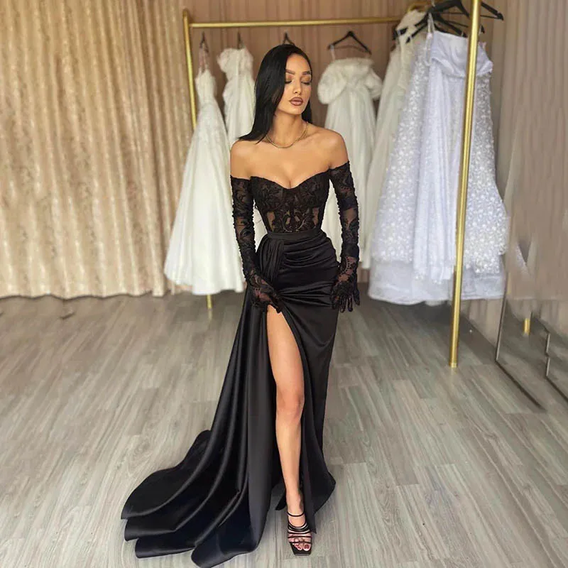 Sexy Black Mermaid Lace Evening Dresses Long Sleeves Off Shoulder  Formal Party Dress Pleated High Split Women  Prom Gowns