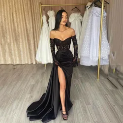 Sexy Black Mermaid Lace Evening Dresses Long Sleeves Off Shoulder  Formal Party Dress Pleated High Split Women  Prom Gowns