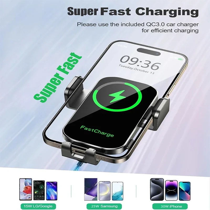 UYUXIO Wireless Car Charger 66W Fast Charging Auto Clamping Air Vent Car Phone Holder with LED Light for iPhone 16 15 14 Pro Max
