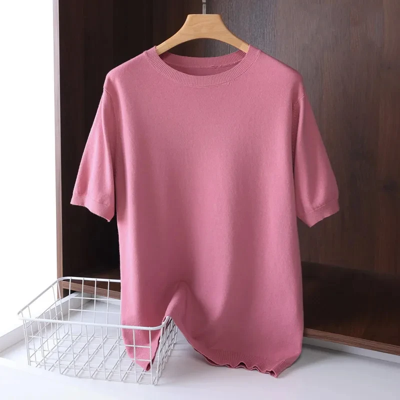 Superfine Merino Wool T Shirt Men\'s Knitted O-neck Breathable Thin Cashmer Short Sleeve Tee Solid Color Tops