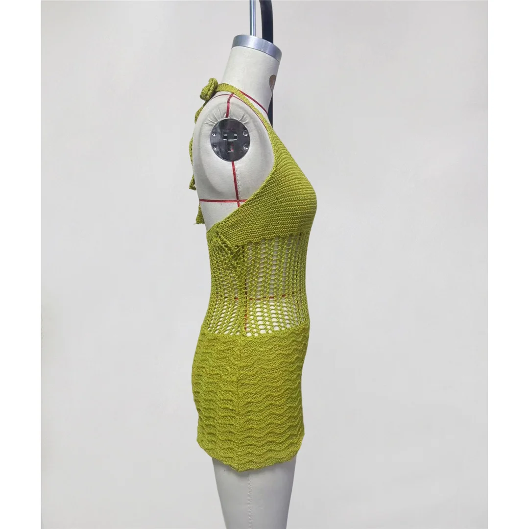 S - XL Halter V-Ausschnitt Rückenfreie Häkel-Strick-Tunika Strand-Überwurf Strandkleid Strandmode Damen V8238 – Detail 6