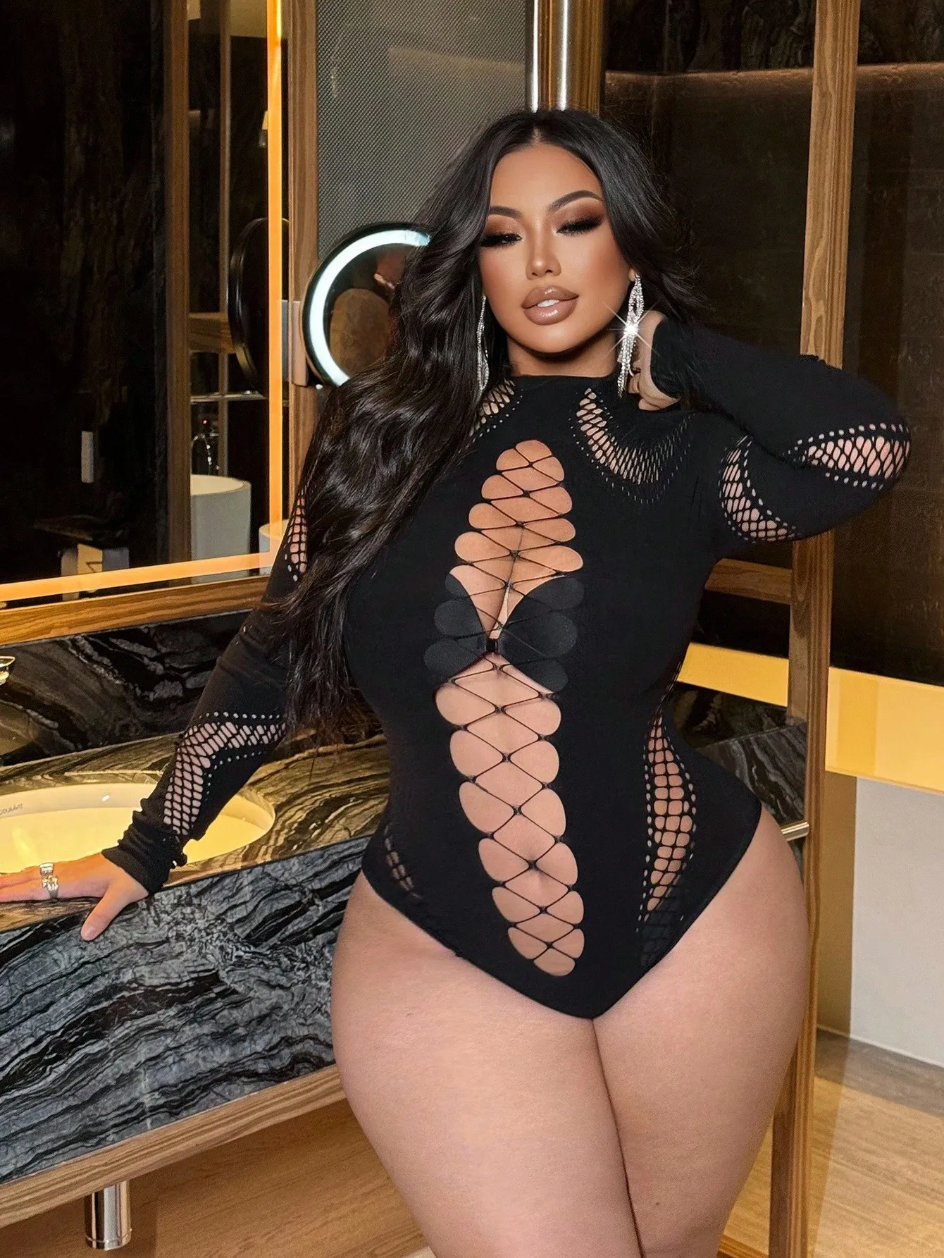 Sexy Damen-Body, einfarbig, langärmelig, Ninght Club Wear, aushöhlen, Netzstoff, durchsichtiger Overall