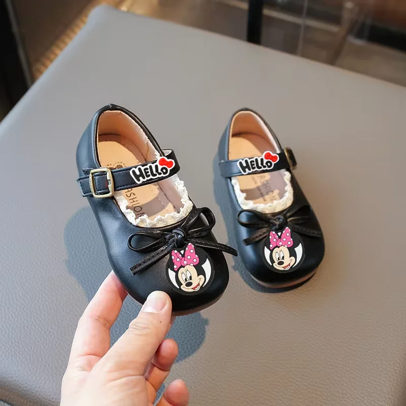 

Кожаная обувь для девочек с Микки Маусом Disney, новые весенне-летние детские сандалии с мягкой подошвой, летняя обувь принцессы с бантом для малышей