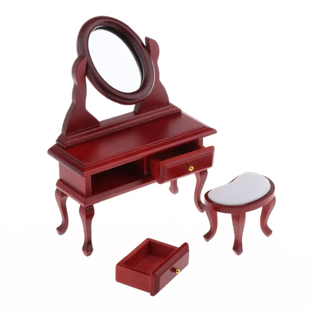 Dollhouse Accessories 1 12 Scale Miniature European Dresser Table and Chair Wood Bedroom Furniture for Dolls