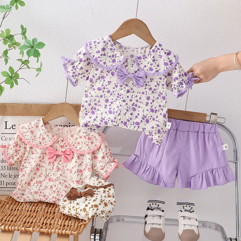 Sommer-Mädchen-Set für Kinder, Kleinkind-Outfits, 2024, koreanische Mode, Kurzarmhemden und Shorts, Anzug für Kinder, Mädchen, Säuglingskleidung