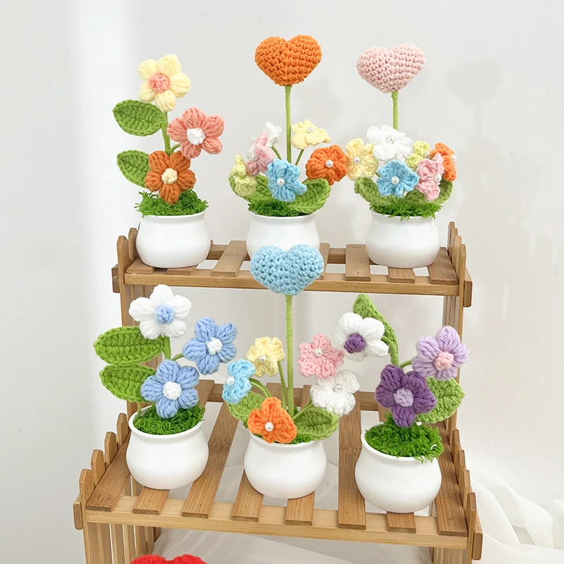 Crochet Potted Plants Flower Handmade Forget-me-not Wovening Flower Office Desktop Ornaments Car Automotive Interior Gifts