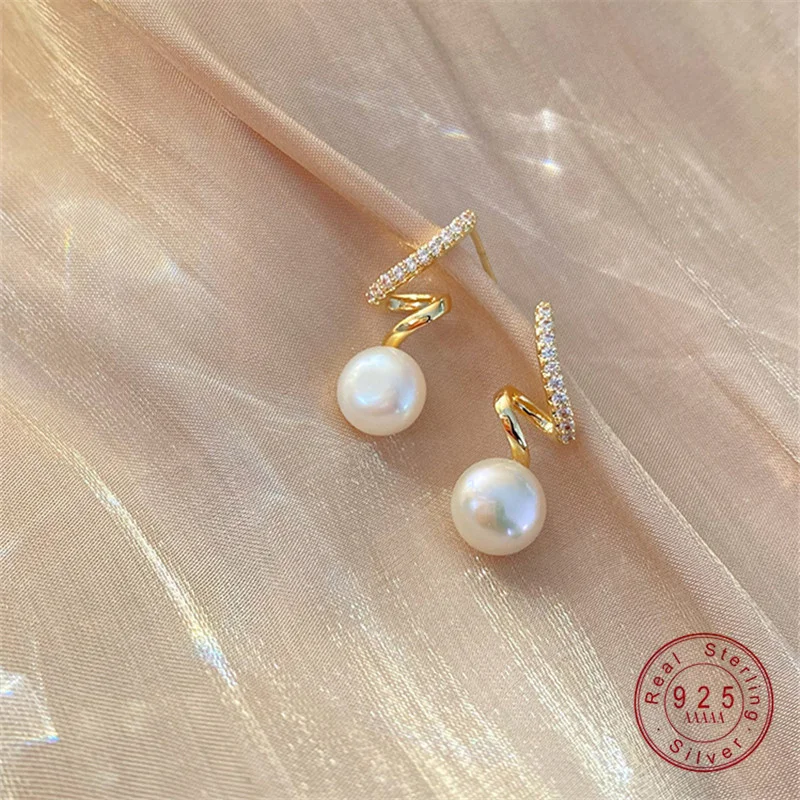 925 Sterling Silver Plated 14K Gold Simulated Pearl Zircon Earrings for Women Korean Luxury Jewelry Accessories