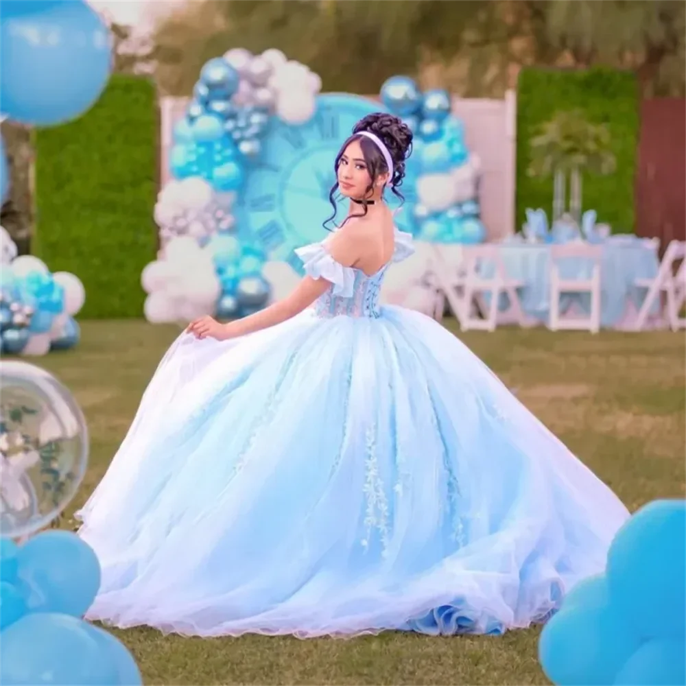 Vestidos elegantes de quinceañera azul cielo con cuello en V y hombros descubiertos, apliques de encaje con cuentas, vestido Formal de princesa, vestidos de 15 años