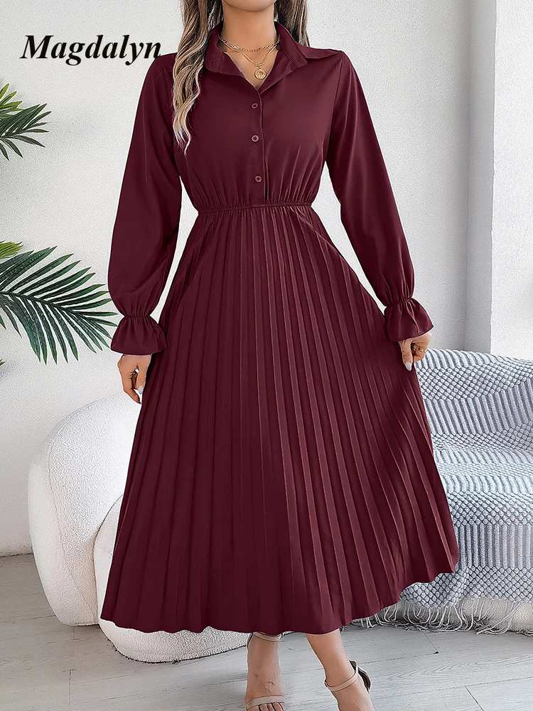 Magdalyn Women Button Long Dresses Fashion Autumn Winter Long Sleeve Lapel Neck Hight Waist Dresses Casual Office Pleated Dress