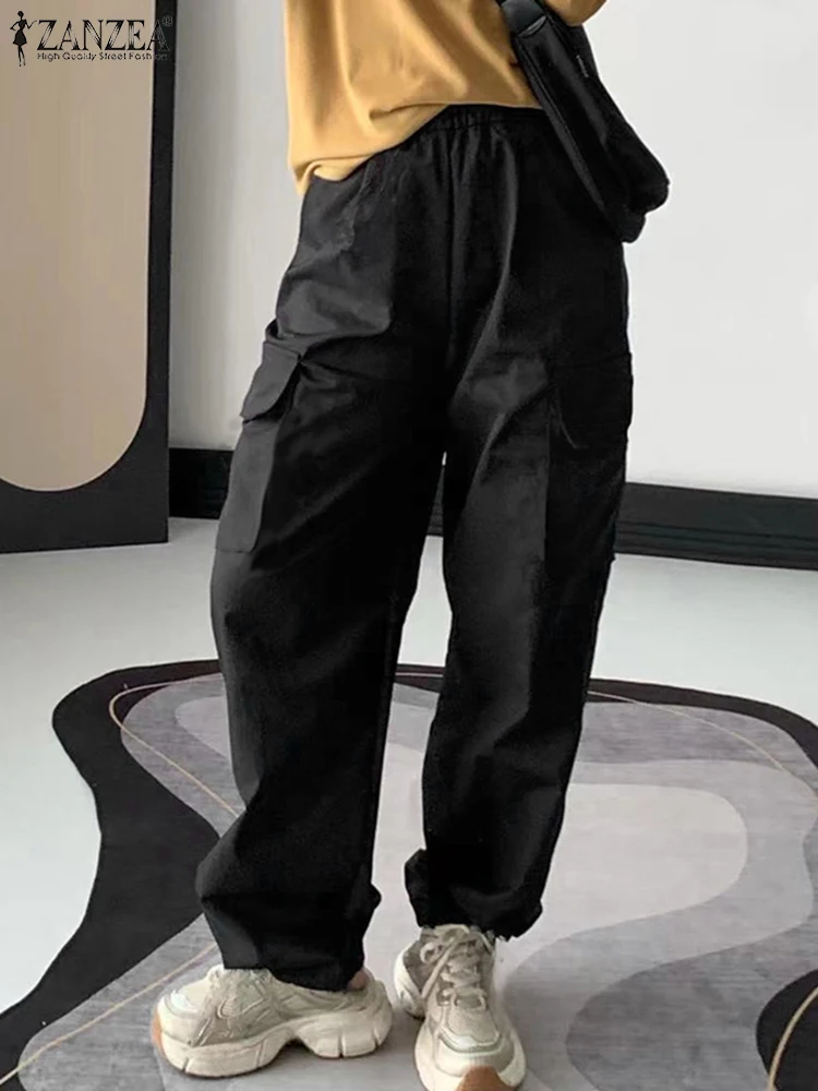 Spodnie damskie ZANZEA, modne, wakacyjne, jednolite, długie, oversize, koreańskie, z kieszeniami, letnie, proste spodnie.