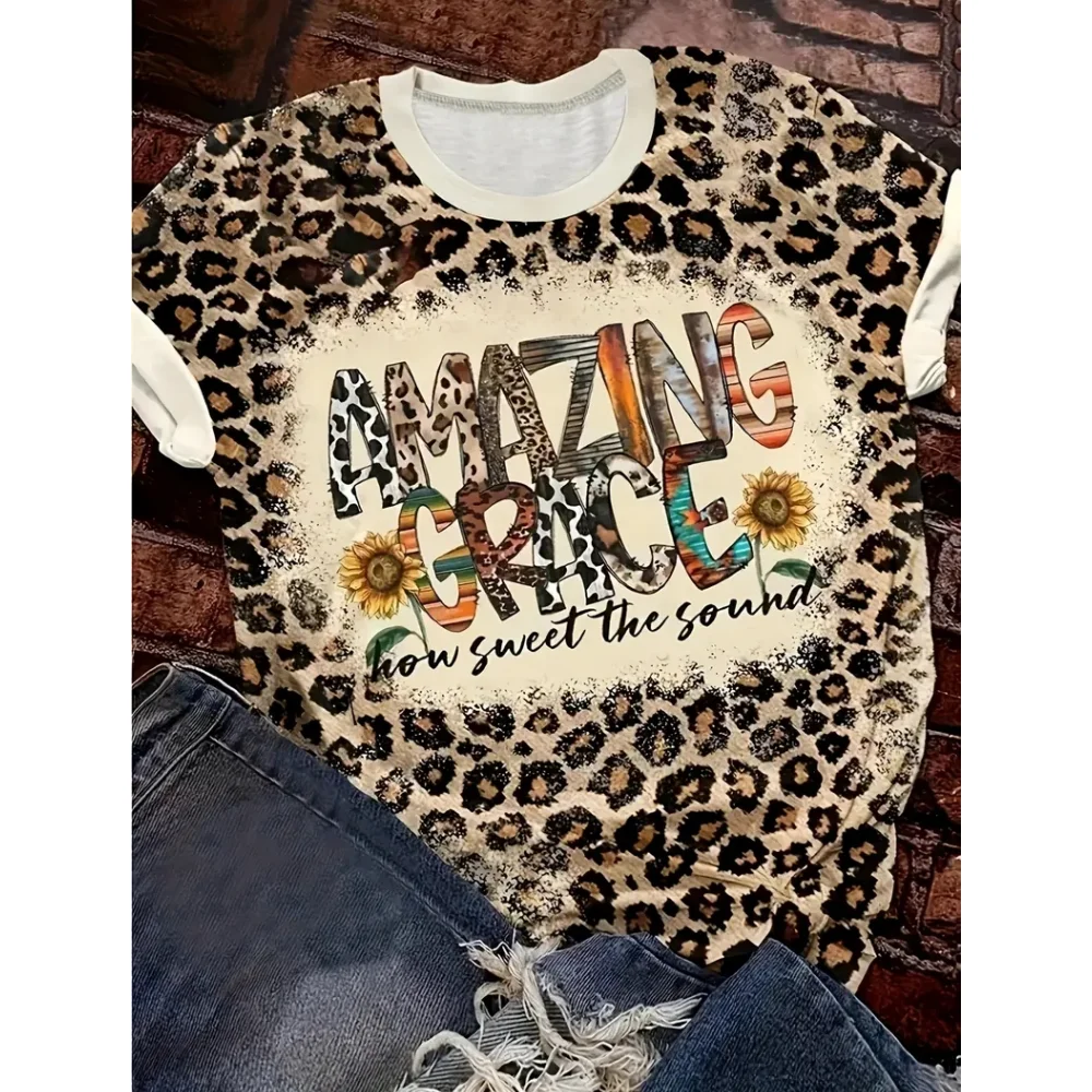 2024 nowy styl t-shirt dla kobiet wzór w cętki nadruk w kształcie serca kobiet T-shirt w za dużym rozmiarze letnia odzież damska z krótkim rękawem