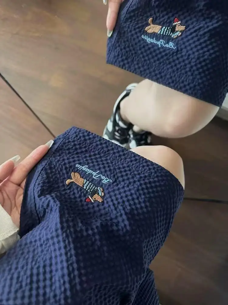 

Qui Dry Ice Silk orts Men's Summer Thin Cool Casual Five-Quarter Loose Embroidered American Sports Pants Straight Leg Fit