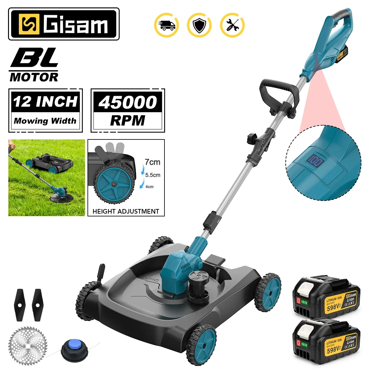 Tondeuse à gazon électrique sans fil Gisam 3-en-1, 12 pouces, outil de coupe et d'élagage évolutif pour batterie Makita 18V