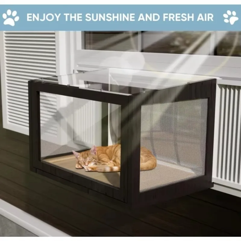 Modern Double Hung Frames Safe Outdoor Cat Enclosure Wood Window Perch Bug-Proof Wire Grid Easy Assembled Protective Black Catio