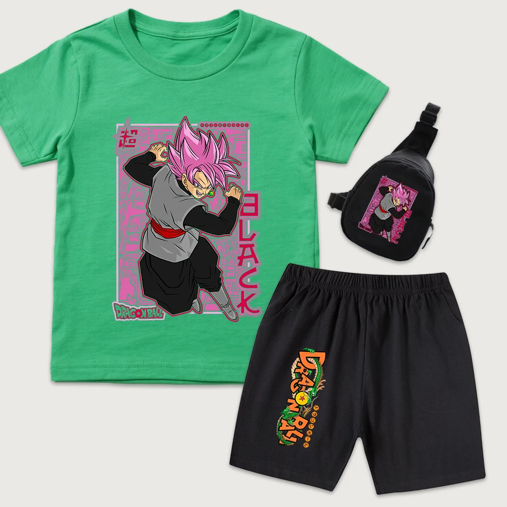 Dbz Black Goku Print Kids Cotton T Shirt Shorts Set with Mini Chest Bag 3 Pieces Casual Outfit for Boys Girls Daily Wear
