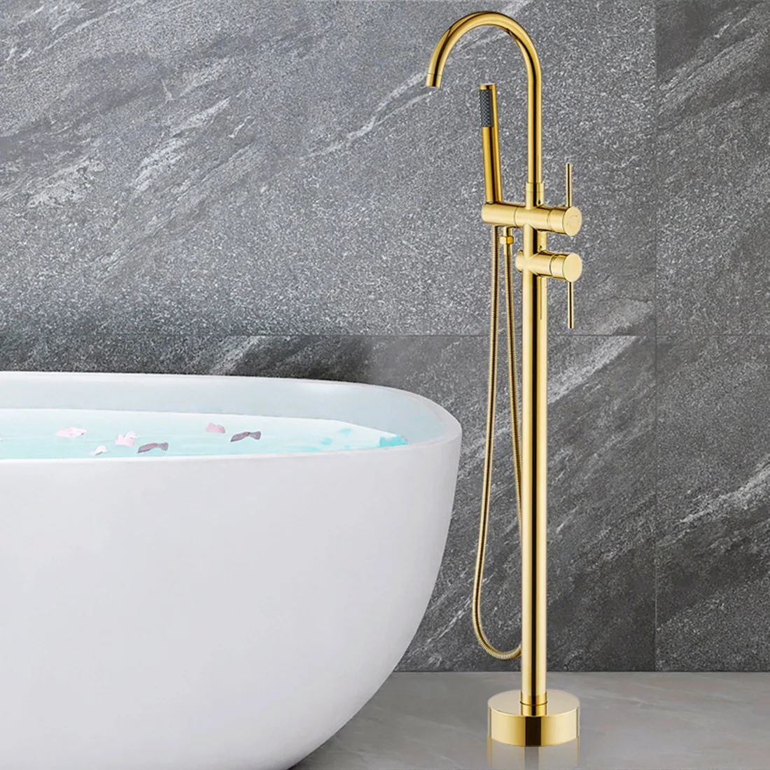 

Spa Floor Standing Bathtub Faucet,Waterfall Spout & Handheld Shower Combo,360° Swivel Spout,Lead-Free Brass Material