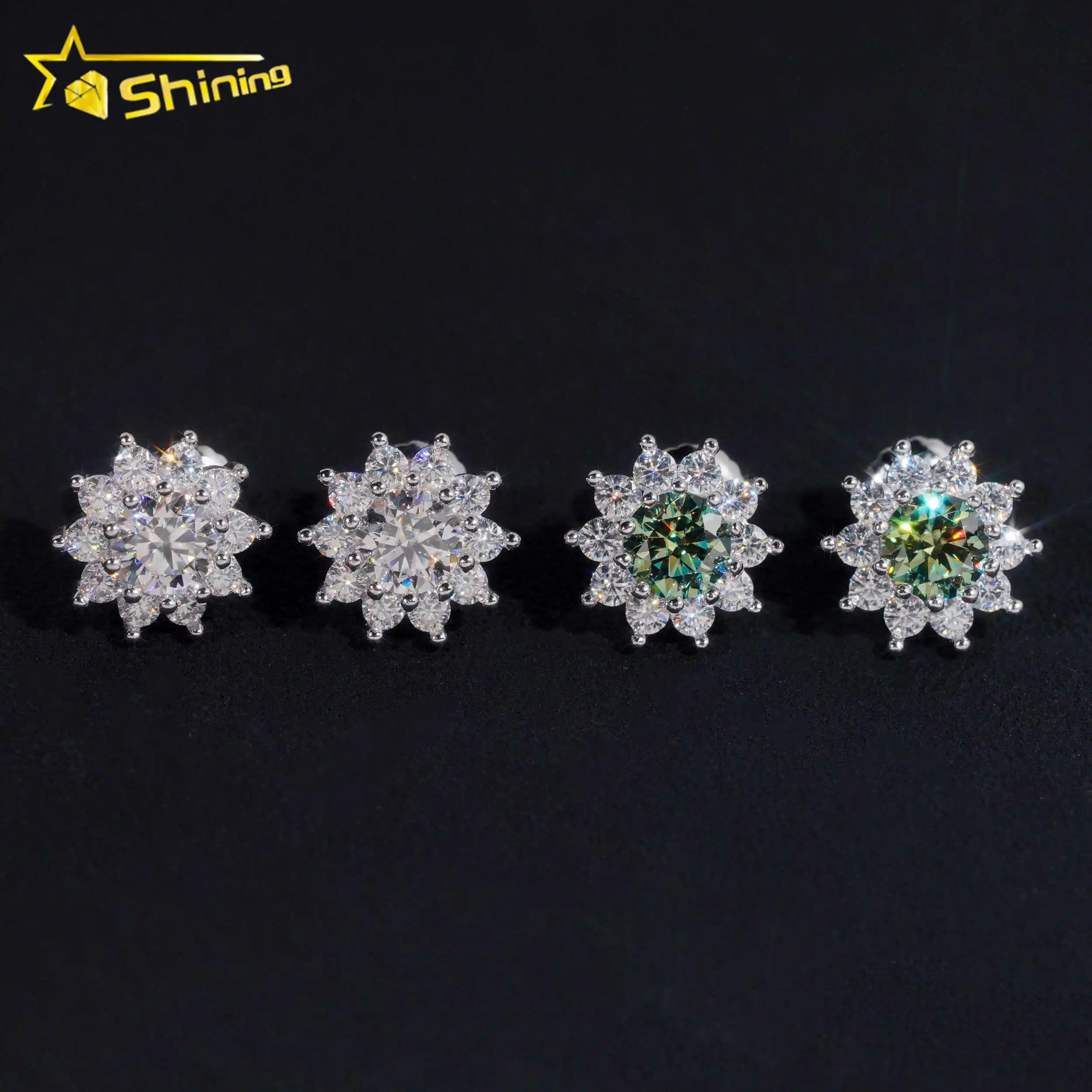 Fine Jewelry 925 Sterling Silver Screw Back Blue Green Moissanite Diamond Sunflower Hip Hop Stud Earrings