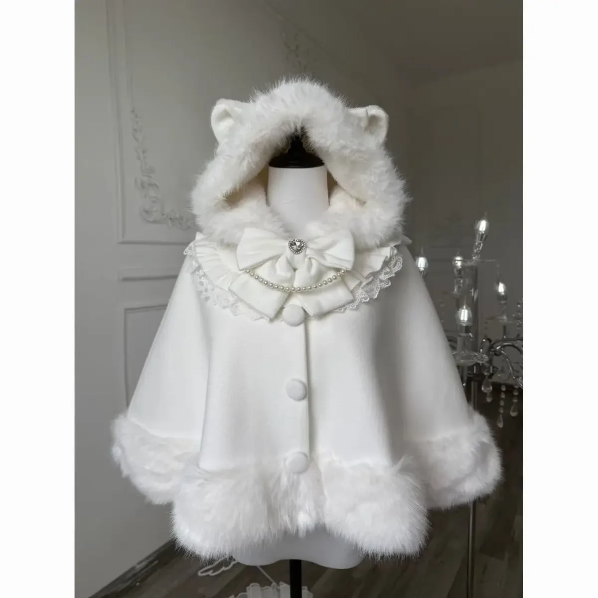 

Chaquetas Mujer Lolita Woolen Cloak Shawl White Winter Jacket Fairy Japanese Kawaii Cuteore Thick Hooded Coat