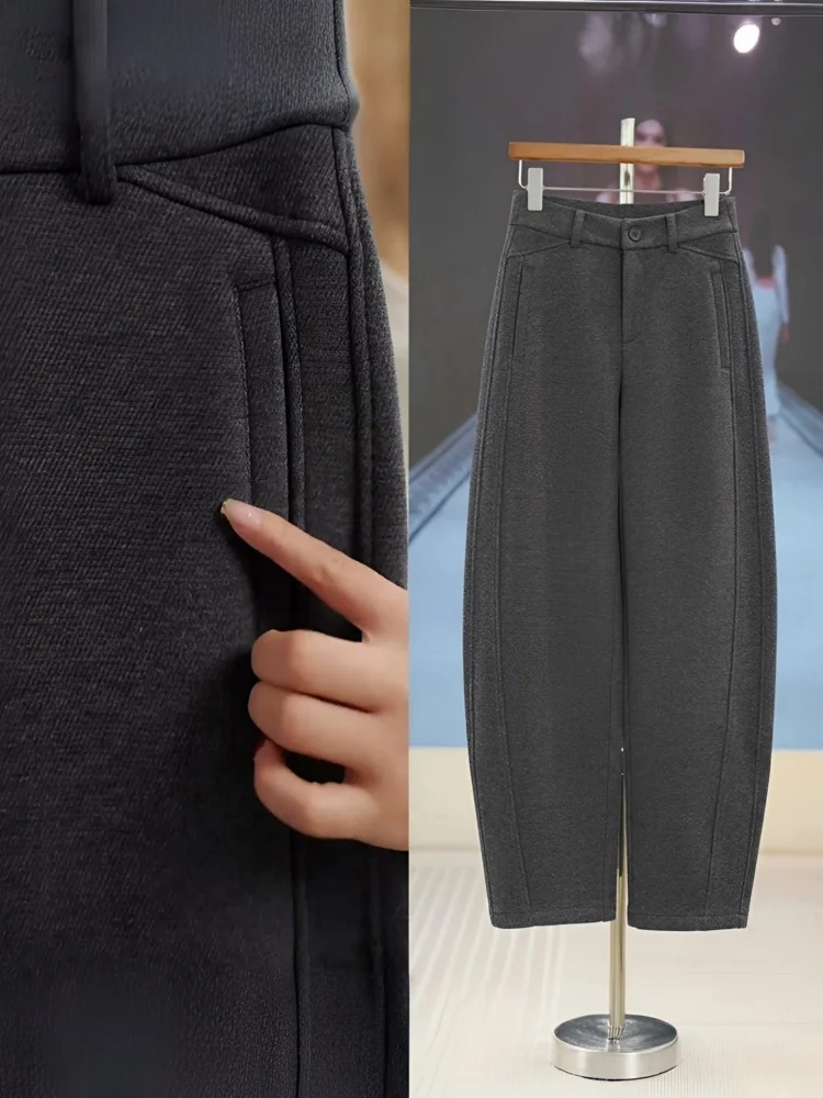 Calças Femininas de Lã com Corte Reto e Cintura Alta, Estilo Casual, Cor Pura, Versão Coreana