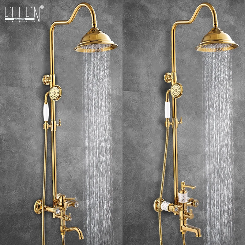 

Bathroom Rain Shower Set Luxury Gold Brass Wall Mounted Bath Shower Rainfall Faucets with Hand Shower Kits Set ELS2008