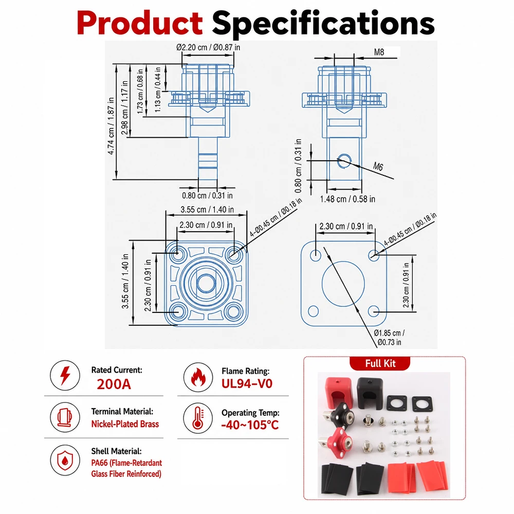 1 Paar 50A 80A 100A 120A 150A 200A Quadratische Vollkupfer-Hochstrom-Lithium-Energiespeicher-Steckverbinder für Wandmontage-Batterieanschlüsse – Detail 10