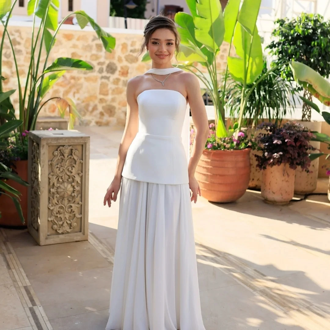 

Classic White Evening Formal Dress With Warp Strapless Backless Mermaid Satin Chiffon Prom Pageant Party Gowns Robe De Soiree