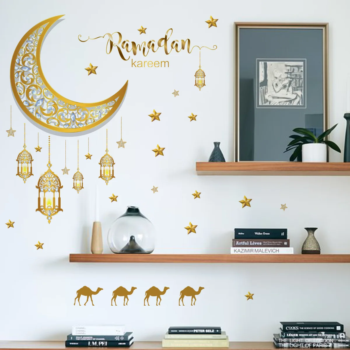 1Set Ramadan Wall Stickers Moon Star Lantern DIY Sticker Decoration 2025 Eid Mubarak Party Home Background Decoration Supplies