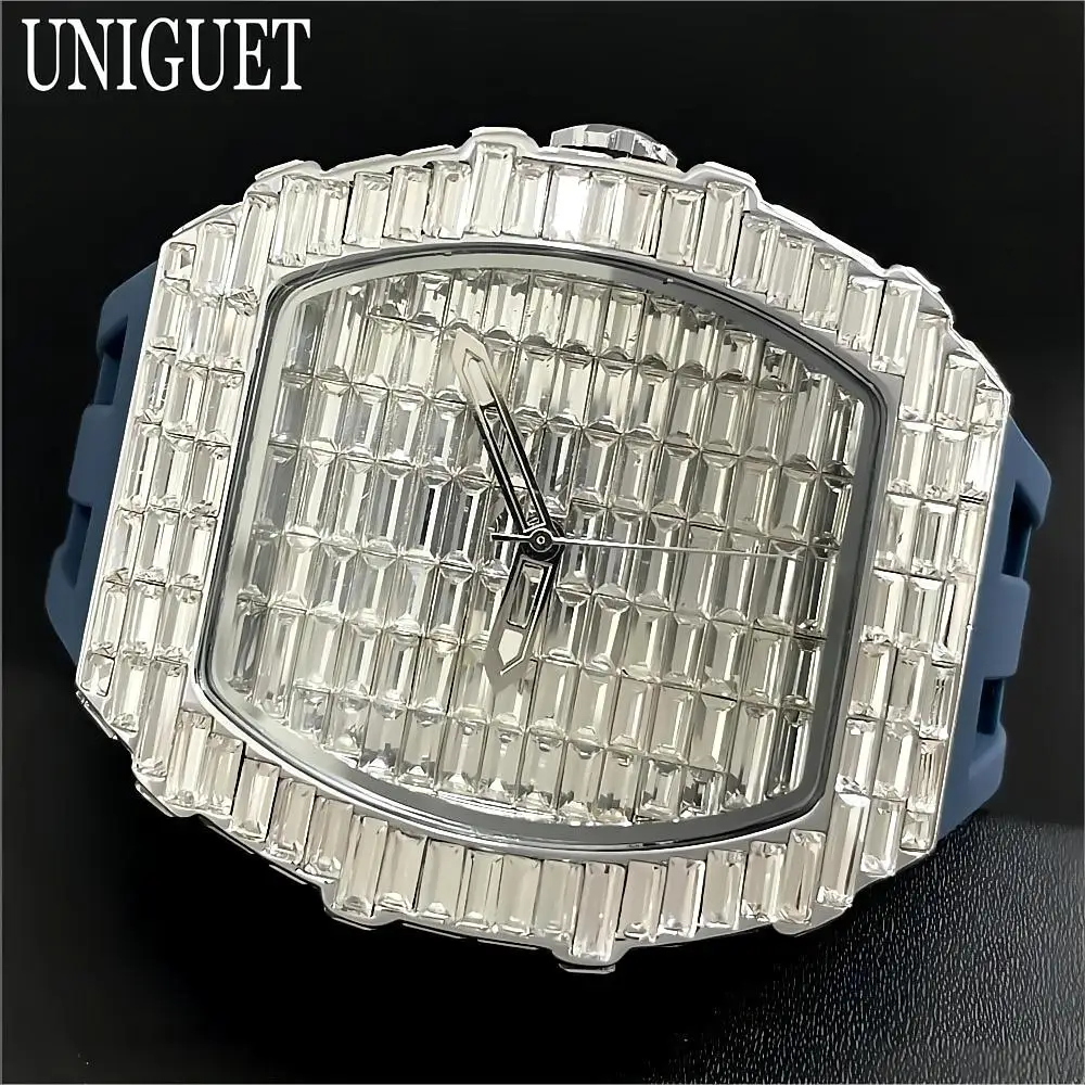 2024 New Iced Watch For Men Brand UNIGUET Lxuxry Steel Quartz Watch Hip Hop Baguette Diamond Tonneau Wristwatch Man Dropshipping