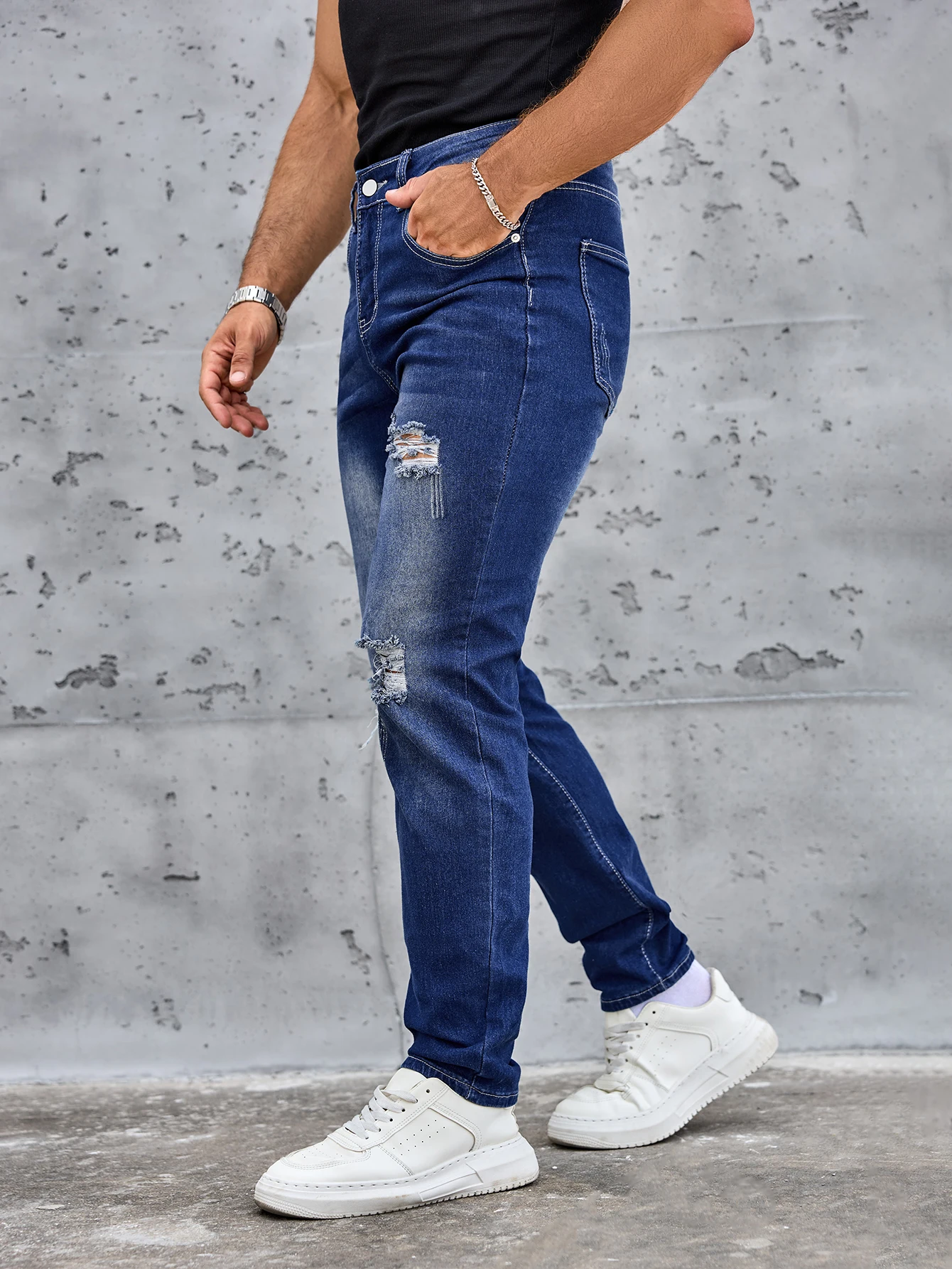 Men's Spring and Summer Dark Blue Stretch Ripped Slim-Fit Denim Pants Elastane Stretch Fabric High Cost Performance Free Shipping Men's Jeans