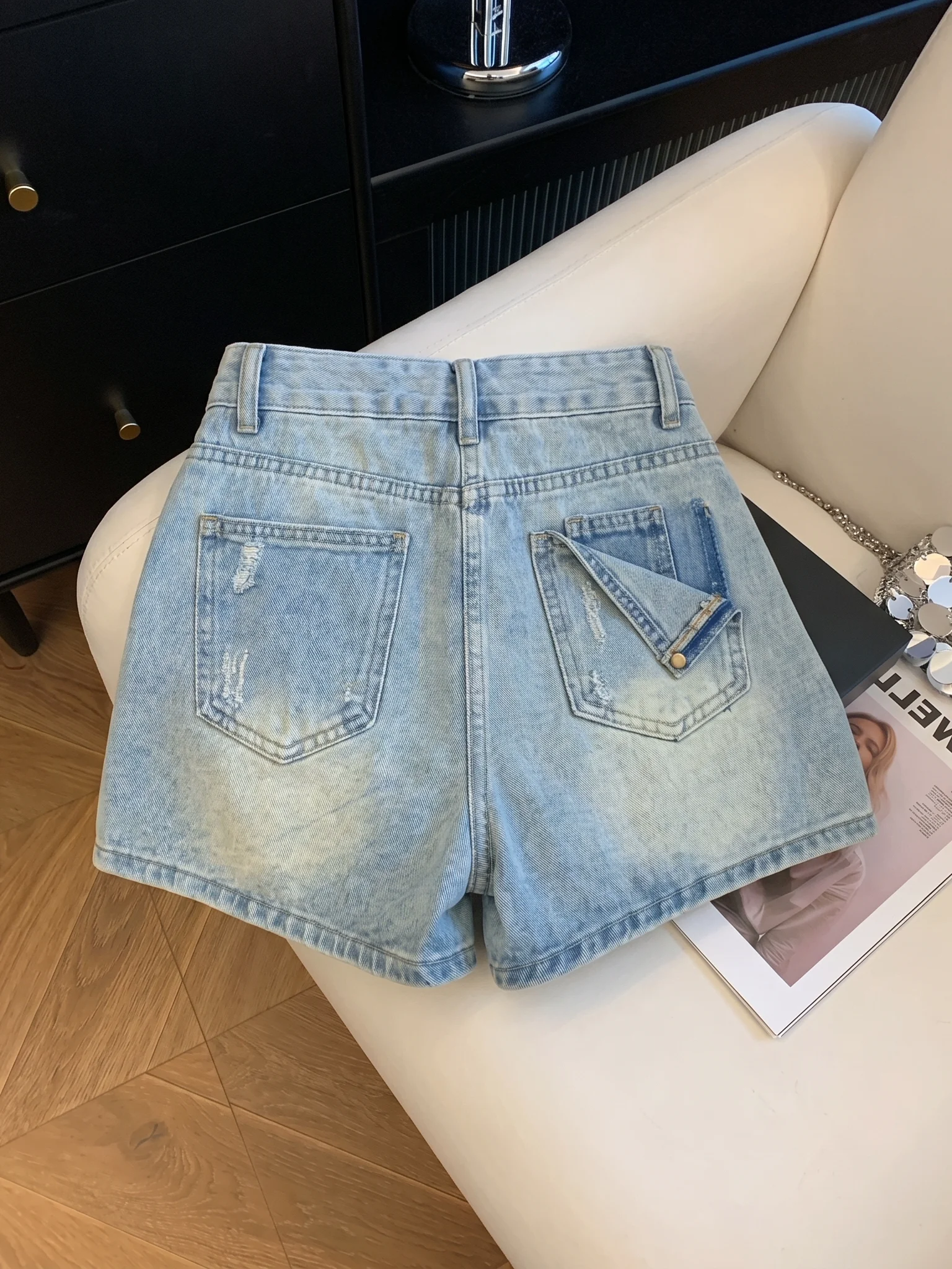 Sweet Spicy Light Blue Denim Short Pants Women's Summer New plus Size Wide Leg Outdoor Wear A-Line Hot Pants High Waist Strai...