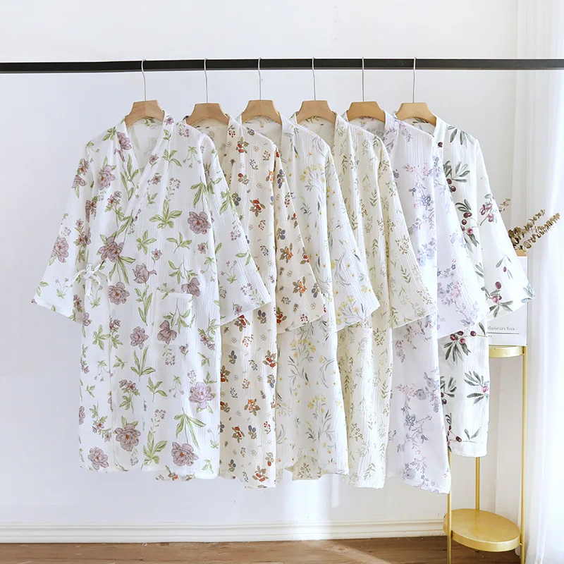 

Spring Autumn Thin Crepe 100% Cotton Nightgown Strap-up Kimono Bathrobe Women's Summer Pajamas Sleepwear
