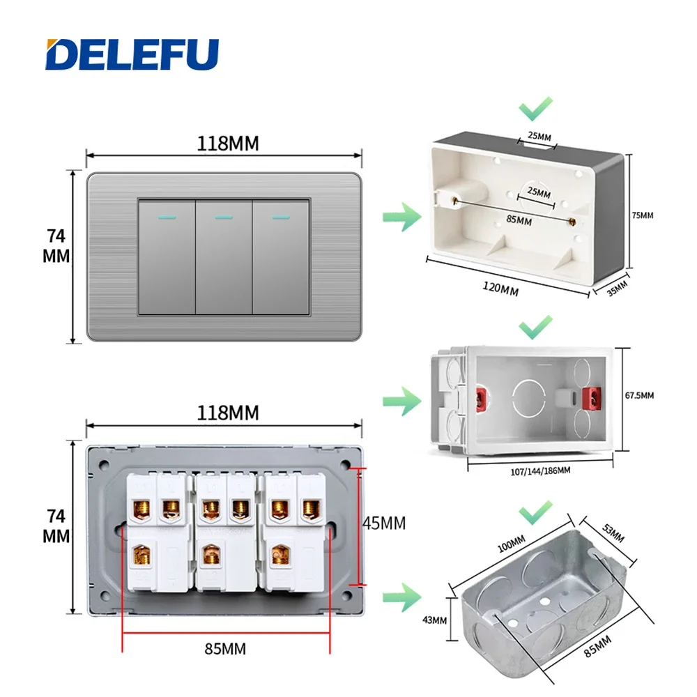 DELEFU Grey Stainless Steel Panel Mexico Standard Type C America Outlet Plug 118*72mm Wall Power Socket Light Switch