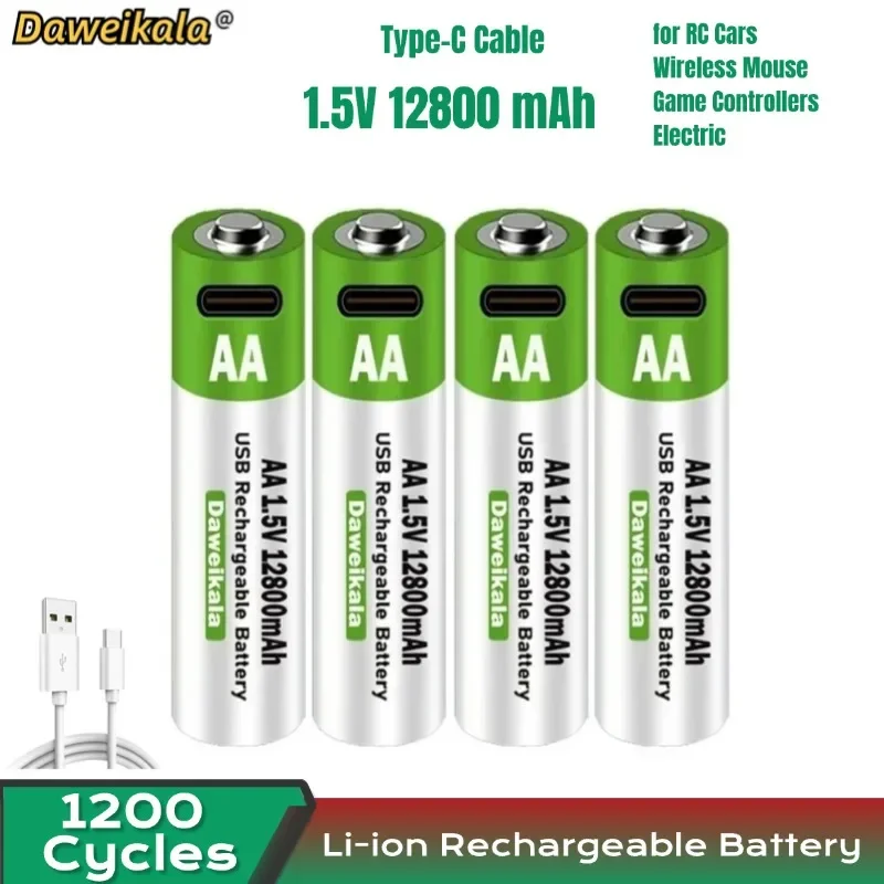 AA 1.5V12800mAhT# large capacity toy remote control mouse rechargeable and durable+Type-C Cable USB rechargeable lithium battery