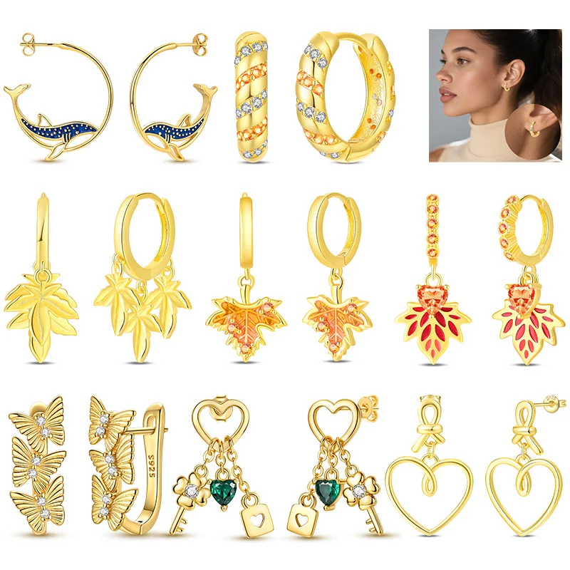 925 Sterling Silver Golden Maple Leaf Star Moon Ladybug Women Earrings Brilliant Wedding Engagement Star Earrings Jewelry Gifts