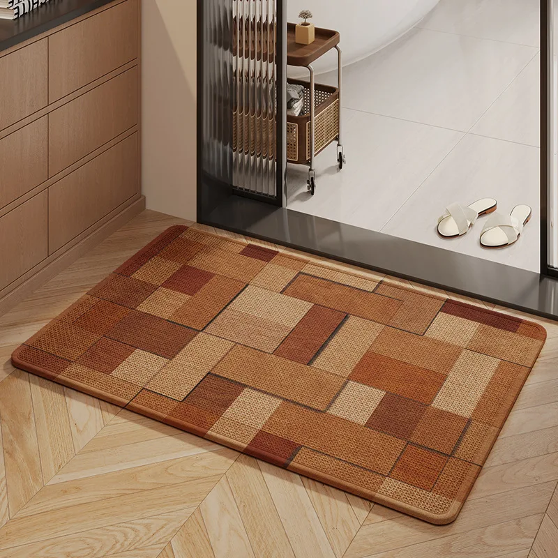 Square Brick Pattern Absorbent Floor Mat Retro Stain-Resistant Bathroom Entrance Doormat Non-Slip Floor Carpet with Rubber Sole