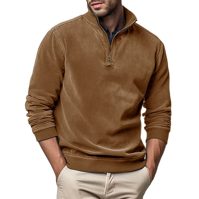 Autumn Men's Sweatshirts Long Sleeved Zipper Stand Up Collar Hoodie Men's Henry Collar Imitation Leather Thread Pullover Tops