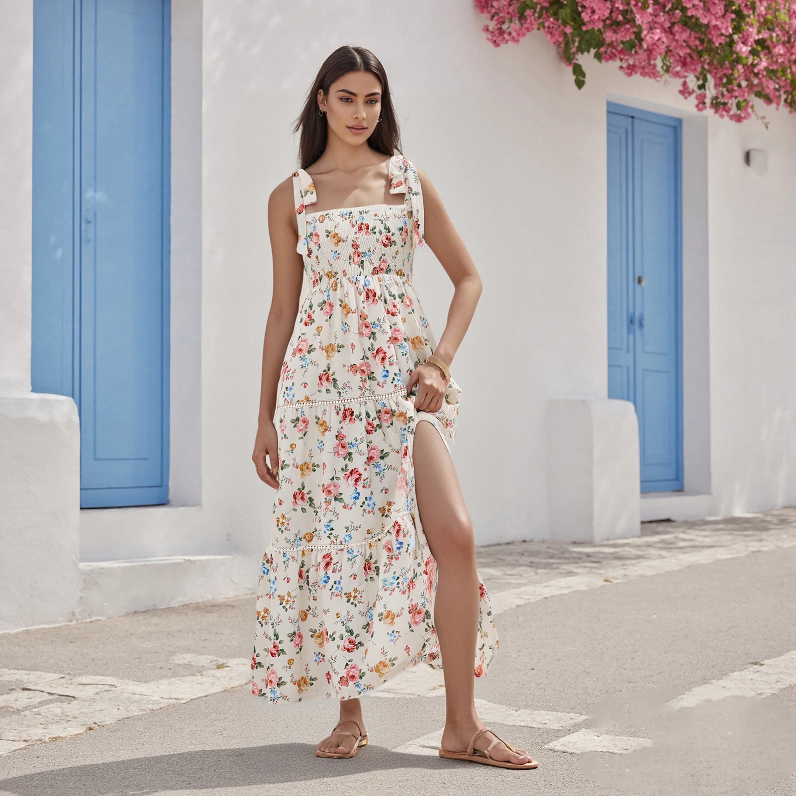 Nowa damska letnia sukienka bez rękawów Casual Tie Up Straps Floral Print A-Line Party Dress For Vacation Cocktail Streetwear S M L