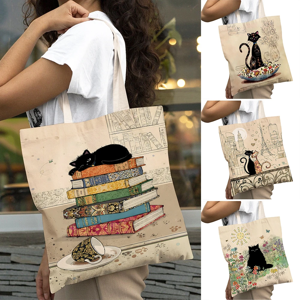 

Vintge Cartoon Book Cat Women Shopper Bags Children Daily Commute Tote Handbag Double Print Big Capacity Lady Shopping Bag