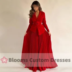 Blooms Red 2 Piece Elegant Handmade Flower Prom Dress Long Sleeves Party Evening Gown Pleated A-Line Saudi V-Neck Formal Gown