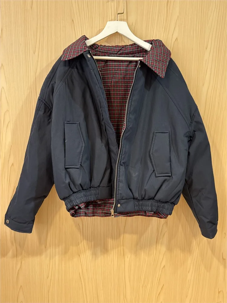 Veste chaude en coton pour femme, Vintage, fermeture éclair, ample, interne, rouge, Plaid, col montant épais, Chic, Simple, Y2K, automne