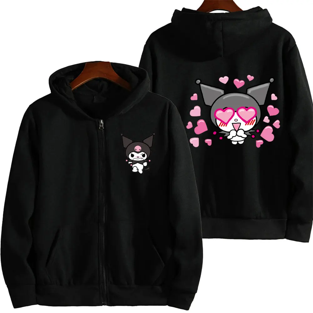 Kuromi Cartoon Anime Women Zipper Hoodie 2024 New Spring Autumn Men Oversized Sweatshirt Black Casual Couple Jackets Coats