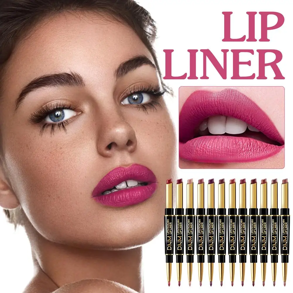 1 PC DNM Double HEAD ลิปสติก Lipliner Pearlescent Matte Non-Stick เครื่องสําอางค์กันน้ํา CUP ลิปสติก Lip Makeup ﻿   การเรนเดอร์ M7M4